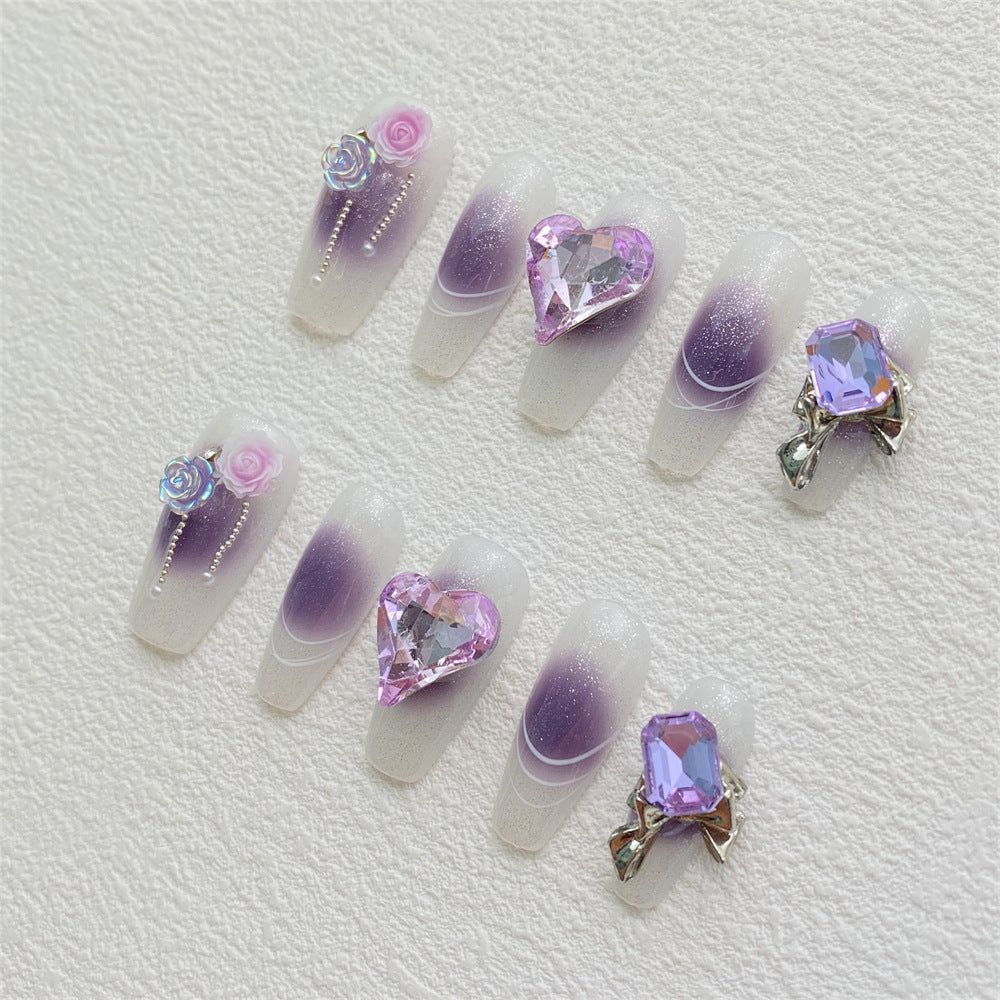 Chic Handmade Purple Starry Sky Long Full-Diamond Fall Nails, Versatile and Stylish Nail Patches