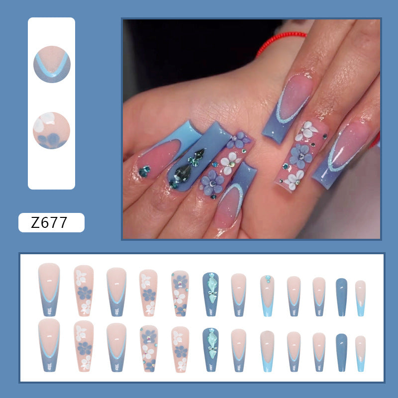 Blue French Long Ballet Wearable Nails Fresh Blue Diamond Fashion Euro Ins Style