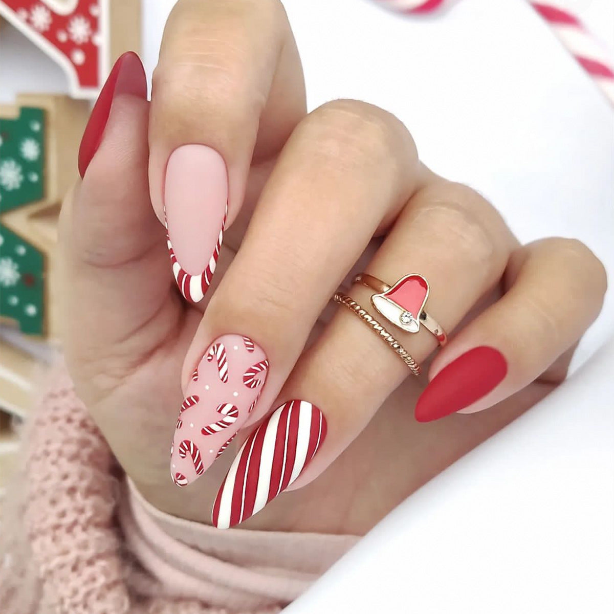 Removable Matte Almond Red White Polka Dot French Nails