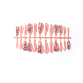 Popular Long Pointed Handmade Full-Diamond Pink Nails