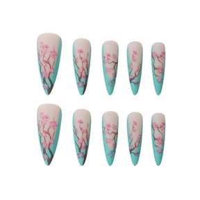 Tiffany Blue Chinese Plum Blossom Long Pointed French Fall Nails