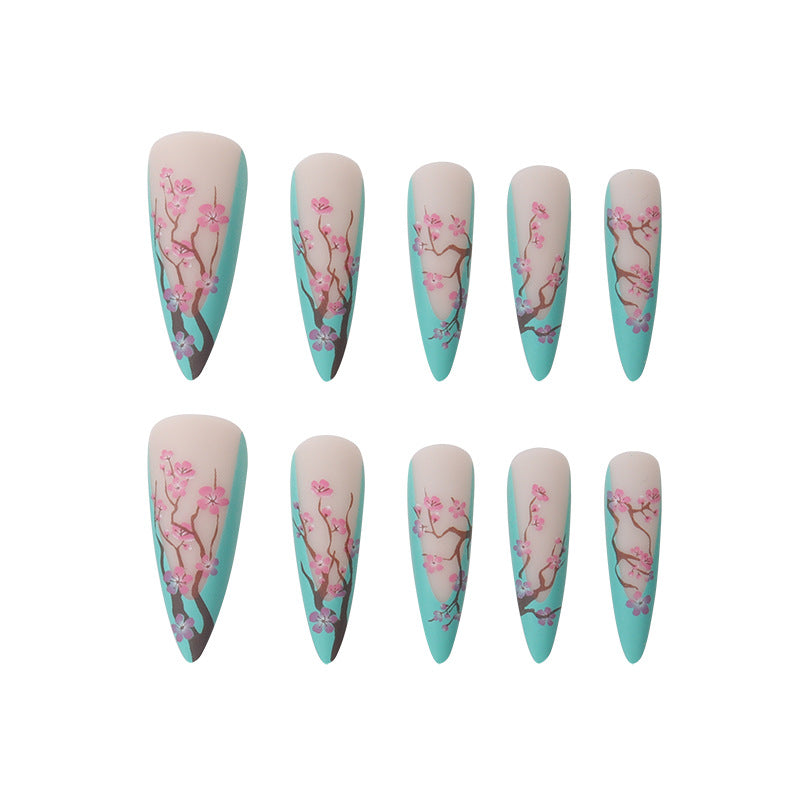 Tiffany Blue Chinese Plum Blossom Long Pointed French Fall Nails