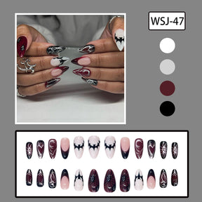 Almond Halloween Punk Metal Black Red Gradient Bat Spider Nail Tips