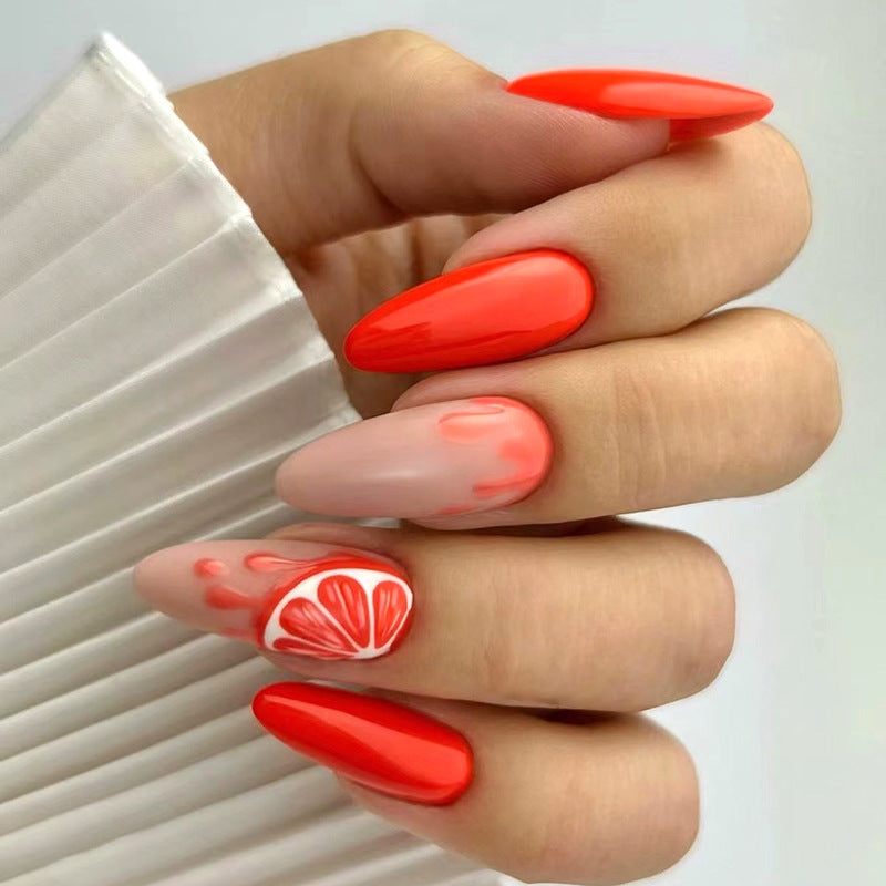 Almond Nails Chic Ins-Style Orange Honeydew Red Summer