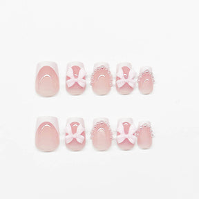 Short White French Pink Bow Nail Tips