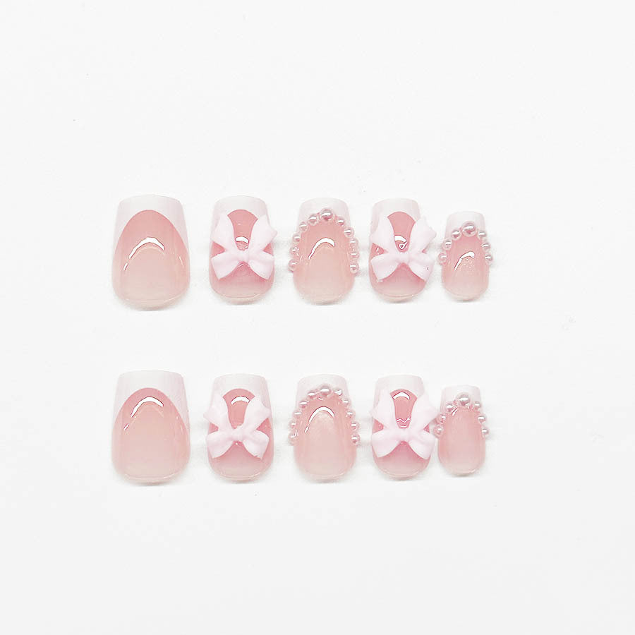 Short White French Pink Bow Nail Tips