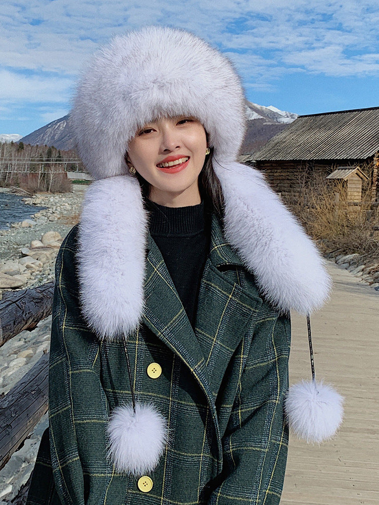 Winter Fox Fur Hat with Long Fringe and Pom Pom