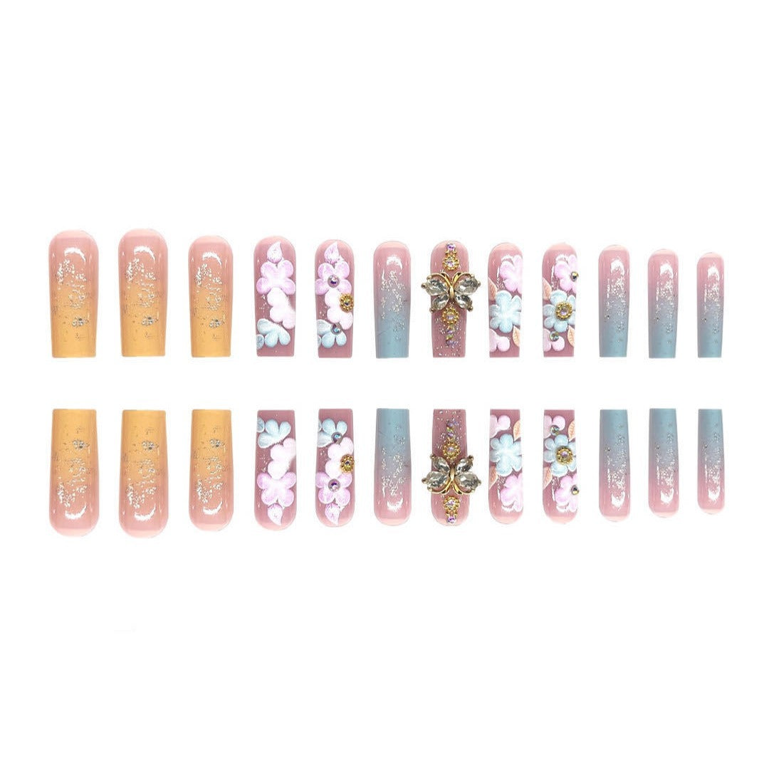 Classic Sweet Flower Nails with Gradient and Butterfly