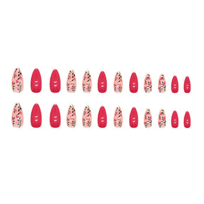 Rose Red Flower Almond Nails, Round Tip, Ins Style, Fashionable