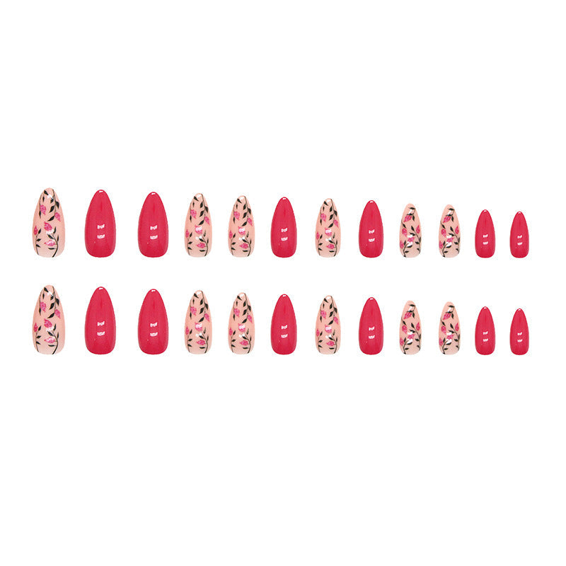 Rose Red Flower Almond Nails, Round Tip, Ins Style, Fashionable