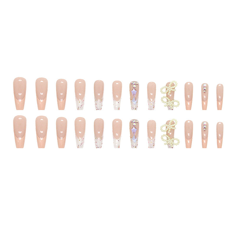 Shiny Drill Pearl Bow Wearable Nails, Ins Style, French Tip