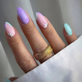 Blue Purple Simple Ins Style Triangle French Cute Half-Floral Nails Round Almond