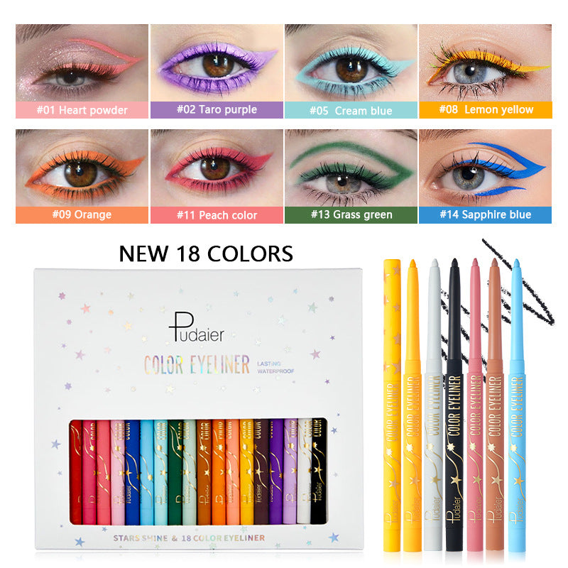 18-Color Waterproof Eyeliner Pencil, Smudge-Proof and Long-Lasting