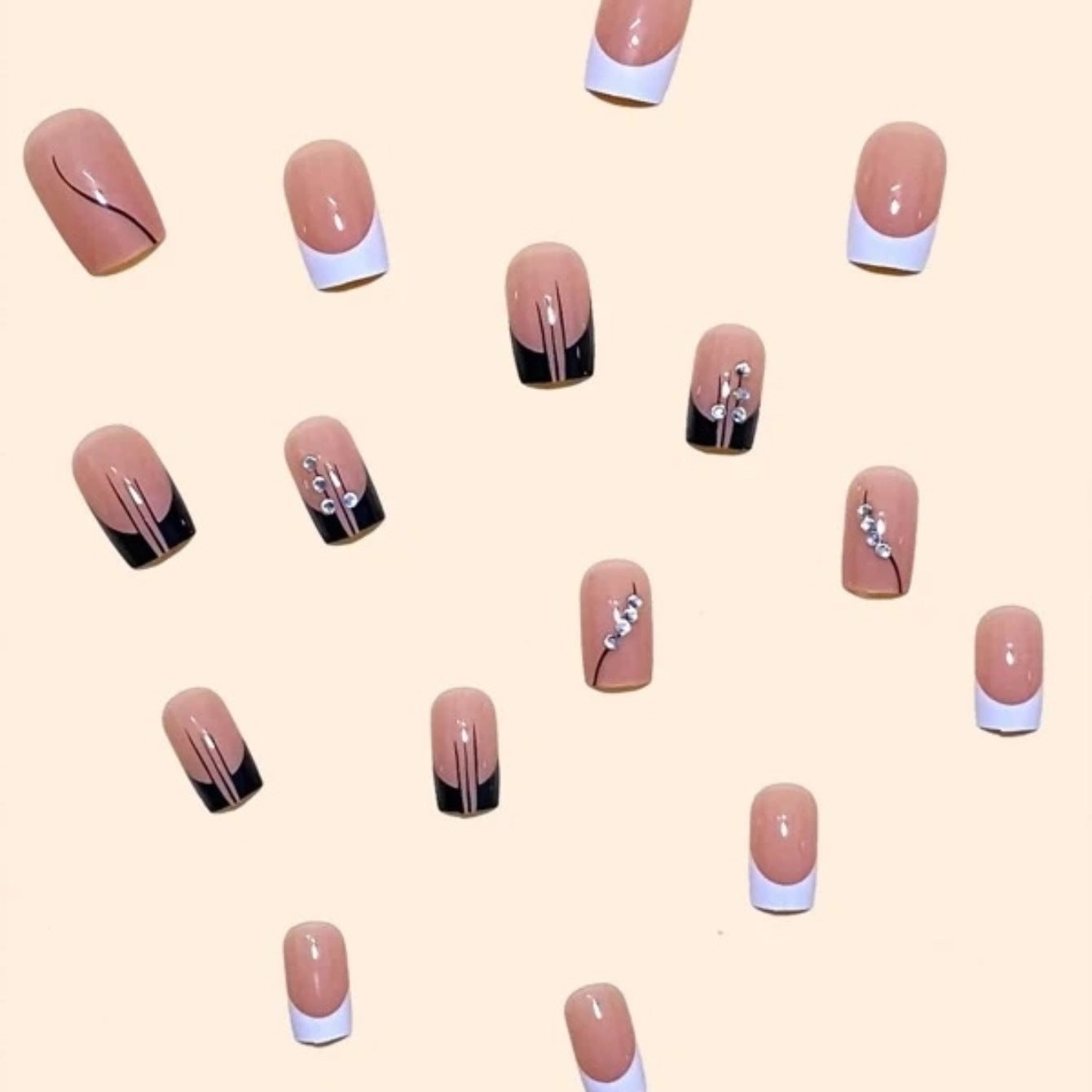 Square Black and White Removable Nails - Wholesale (24-Piece)