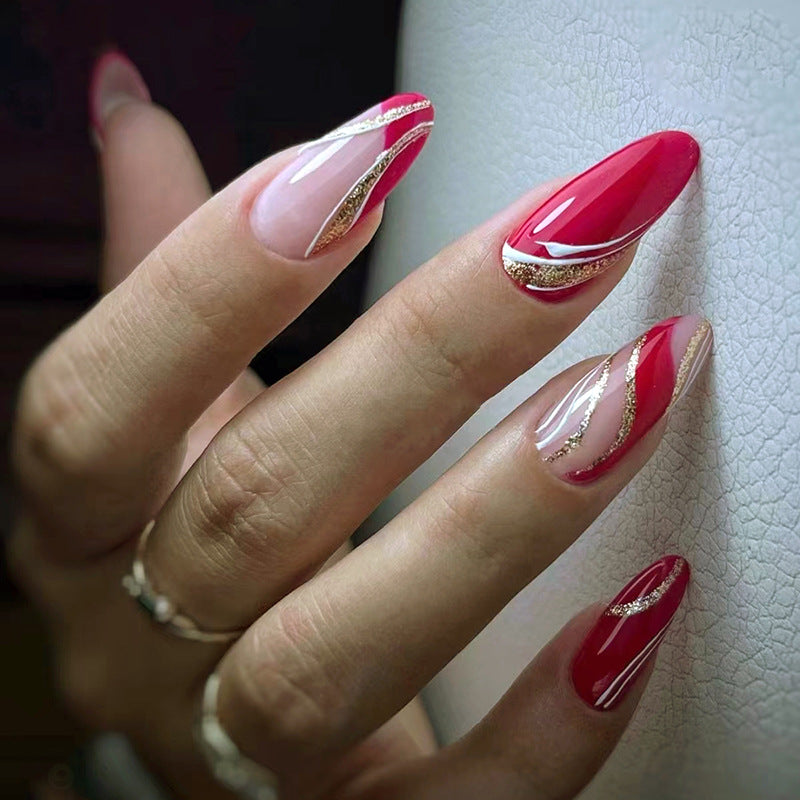 Almond Nails Irregular Wave Burgundy French Sparkling Wave Lines Euro Ins Style Spicy Girl