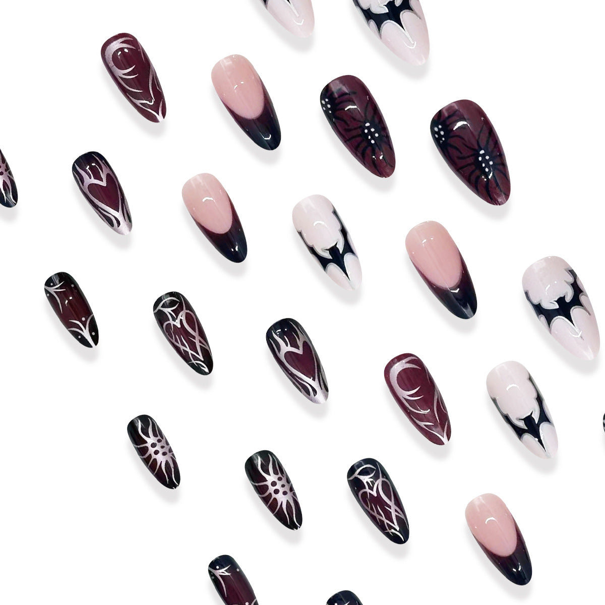 Almond Halloween Punk Metal Black Red Gradient Bat Spider Nail Tips