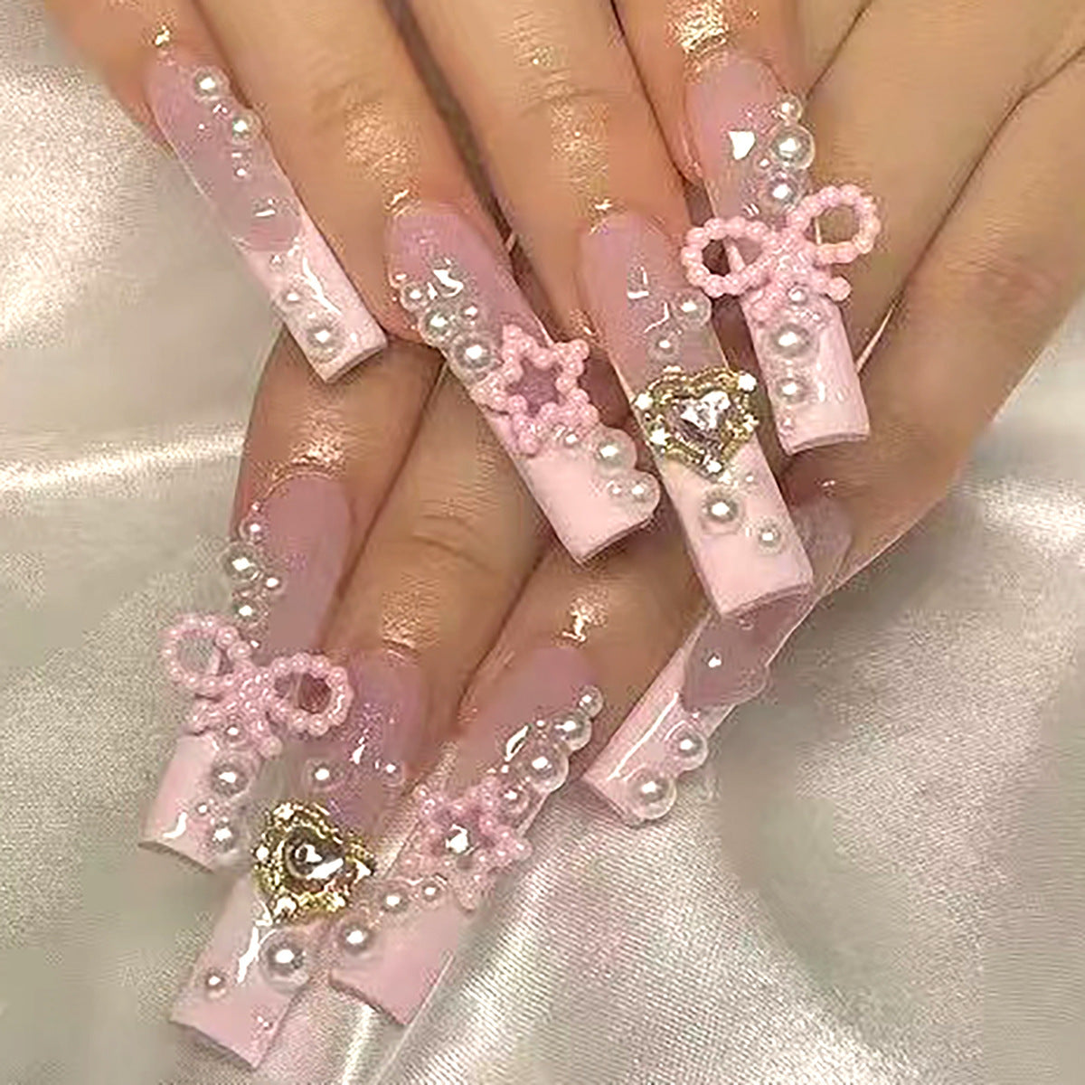 Charming Pink French Nail Tips with Pearls, Bow