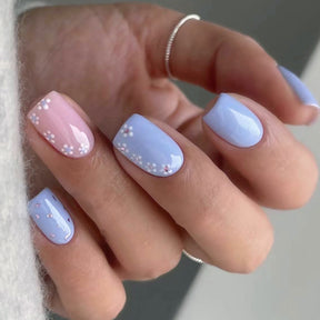 Blue Summer Fresh Nails Floral Mid-Length Wearable Nails Sweet Girl Fake Nails