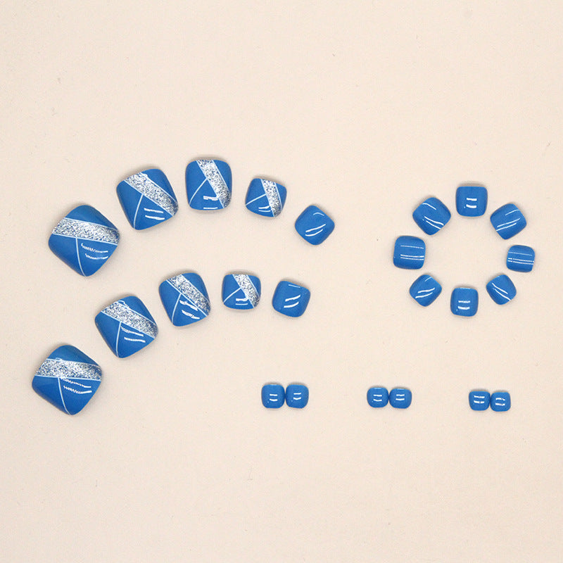 Simple Fresh Lake Blue Toe Nails with Glitter, 24-Piece Set