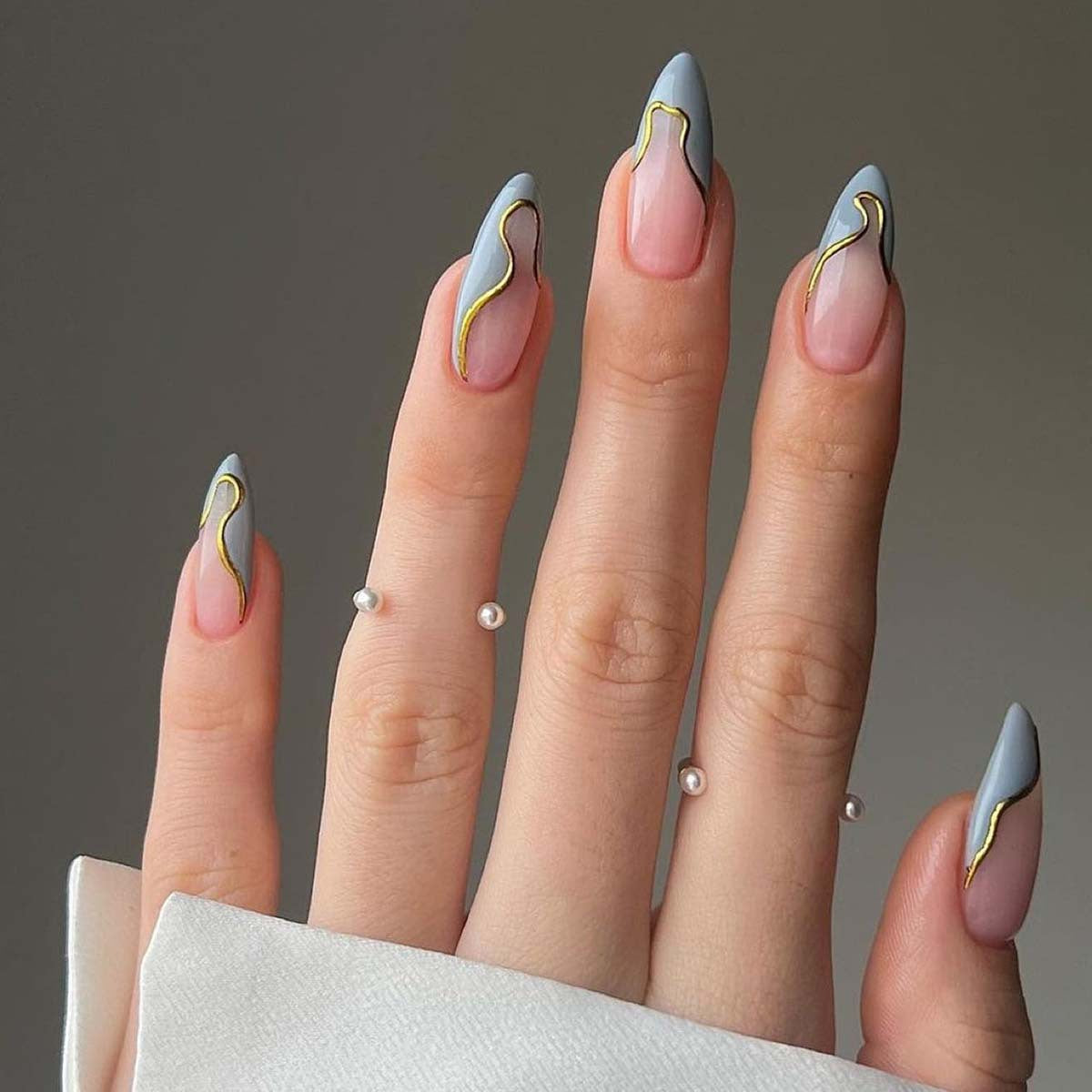 Autumn Blue French Nails Gold Irregular Lines