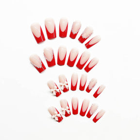 Y2K Long Ballet Red French Bow Nails, Removable & Stylish