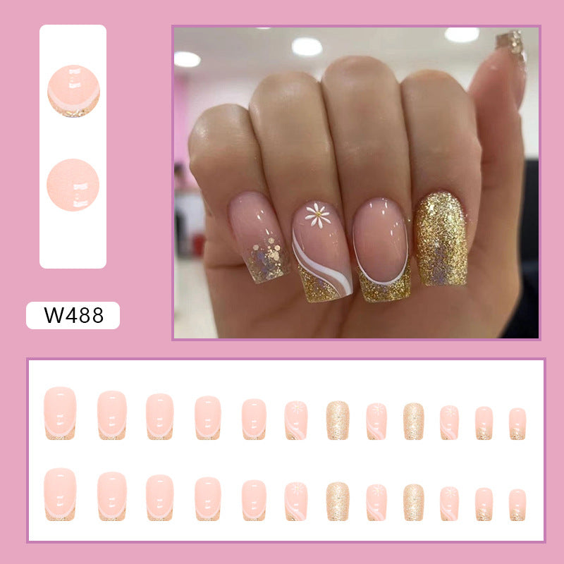 Shiny Mid-Length French Nails, Pink Floral, Ins Style, Fashionable