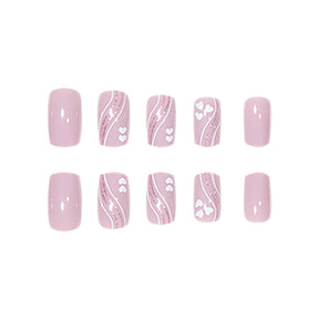 Square Short Nail Extensions with Heart Glitter Lines