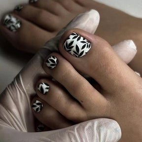 Black Silver Leaf White Matte Nails for Summer Beach