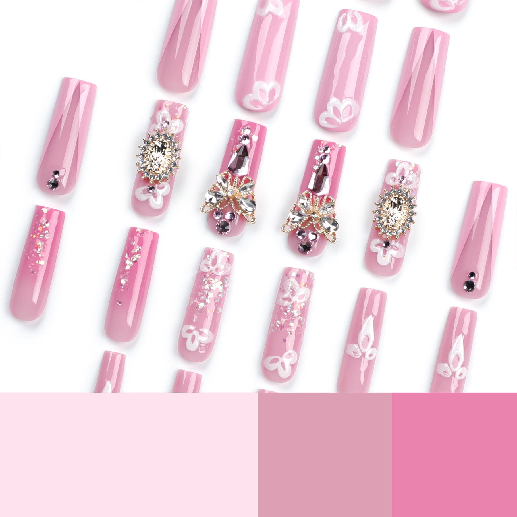 3D Diamond Flower Pink French Nails with Golden Butterflies