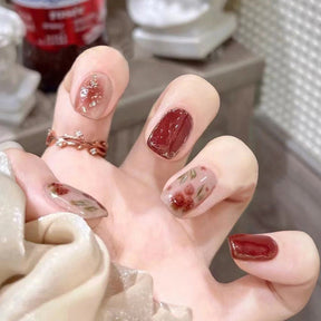 Atmospheric Rose Gold Foil Ombre Nails - Ice Transparent Dark Red