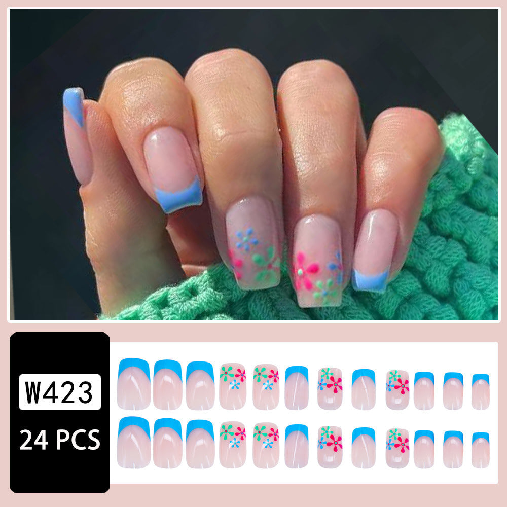 24-Piece Square Blue French Nails with Summer Flowers