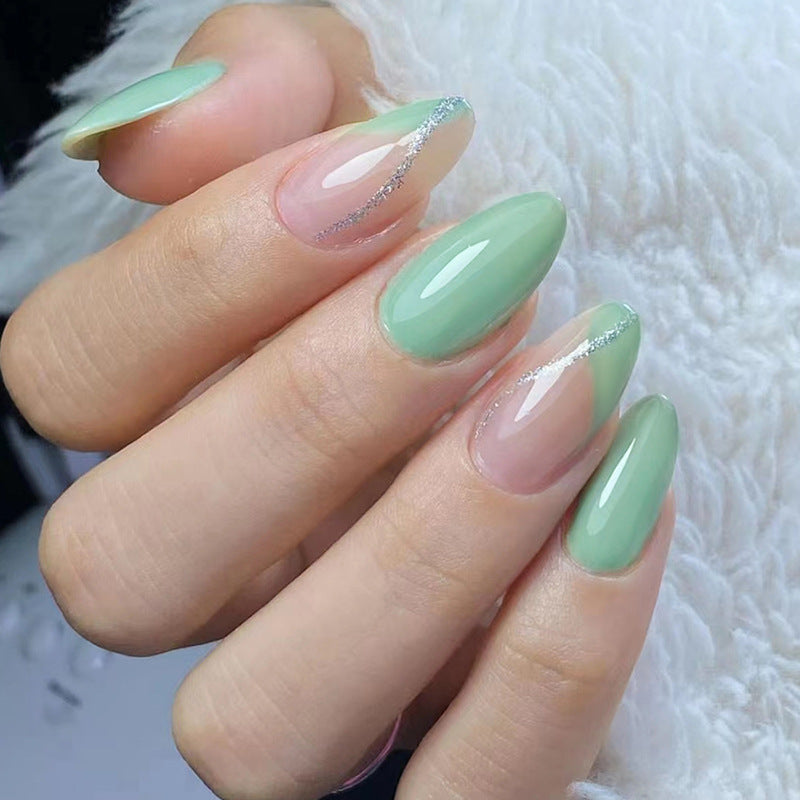 Simple Solid Light Green Nails Euro Almond Fashion Gold Powder French Wearable Nails Wholesale