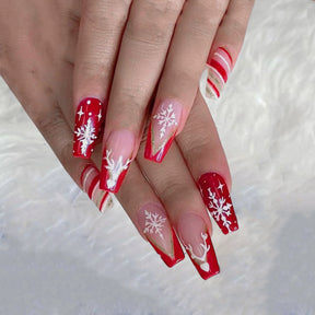 Christmas Snowflake Red Striped Long Nail Tips