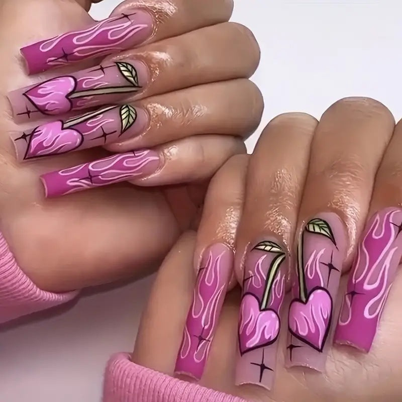 Sexy Pink Flame Nails with Heart and Cherry Design