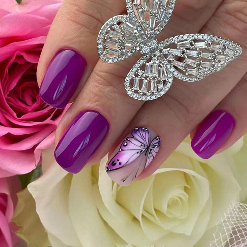 Bright Purple Mid-Length Square Nails, Gradient Butterfly, Spring/Summer Fashion