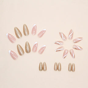 White Star Ripple Flashy Champagne Almond Nails Euro Wearable Nails Wholesale