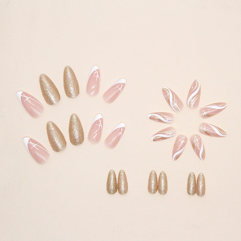 White Star Ripple Flashy Champagne Almond Nails Euro Wearable Nails Wholesale