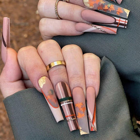 Warm Brown Long Ballet Striped Leaf Nails for Fall