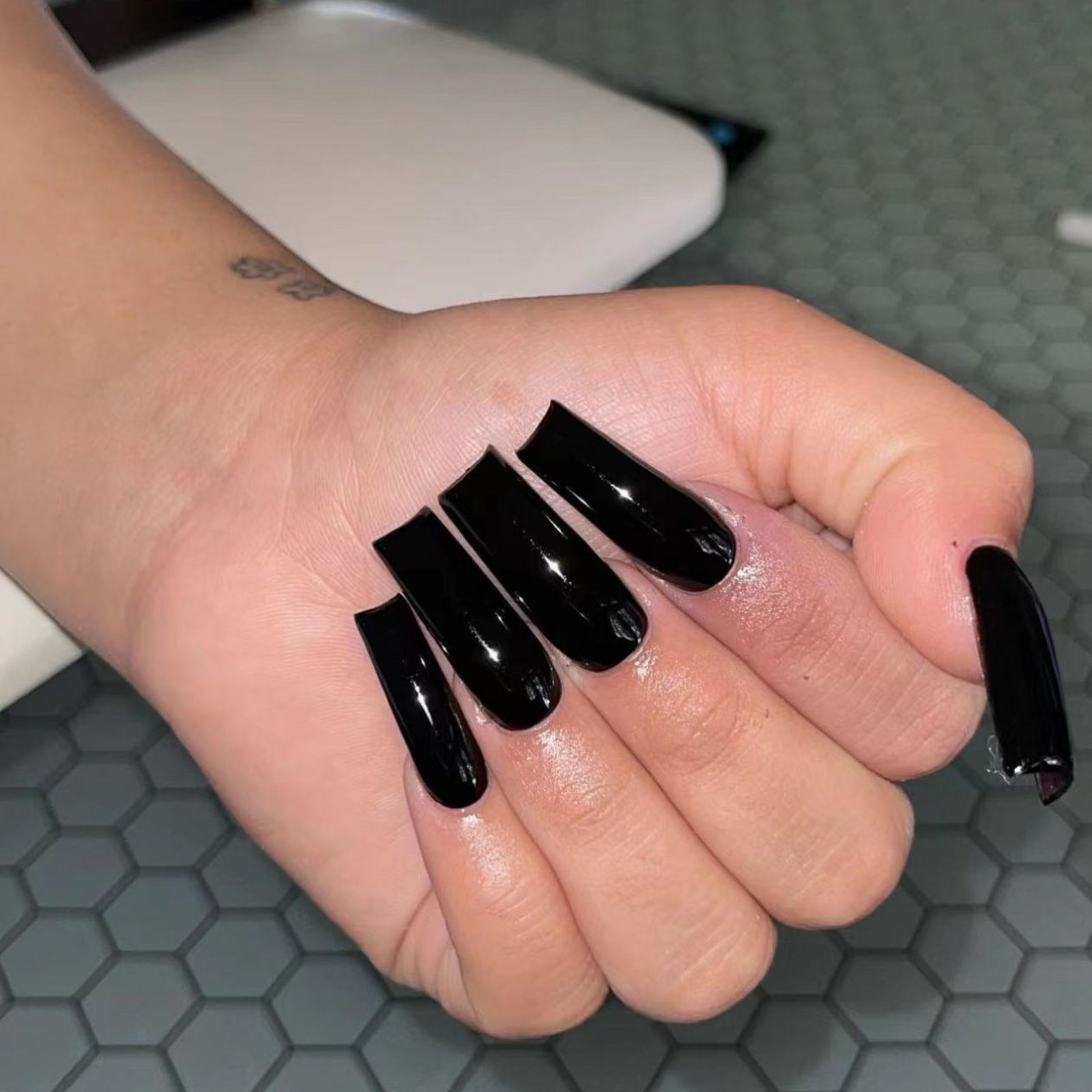 Black Solid Long Tube Fake Nails, Fashion Punk Press-On Nails