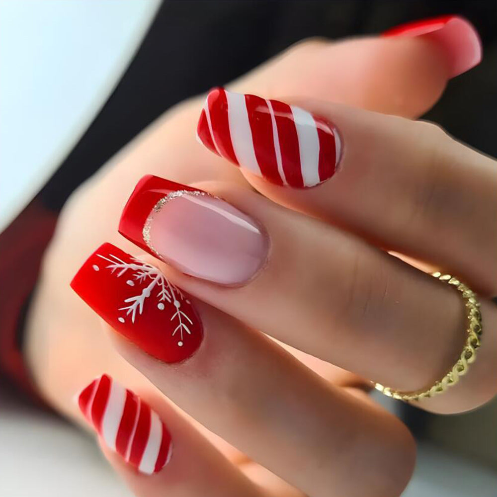 Christmas Red and White Stripe Glitter Snowflake Fall Nails - Removable Nail Tips