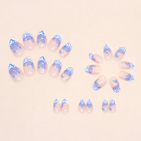 Chinese Style Round Head Blue Porcelain Morandi Flowers Totem Nails Euro Fashion Fake Nails