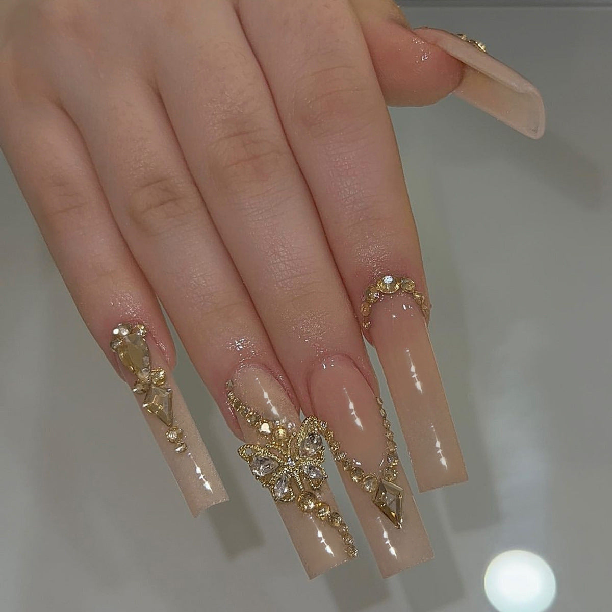 Long Champagne Warm Tone Nail Tips with Butterflies