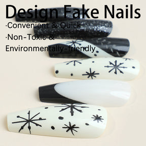 Long Stiletto French Nail Tips with Black and White Patterns