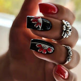 Removable Sweet-Cool Black Flower Nail Tips