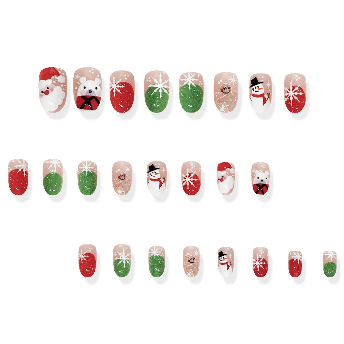 24-Piece Short Oval Red Green French Christmas Cartoon Nail Tips