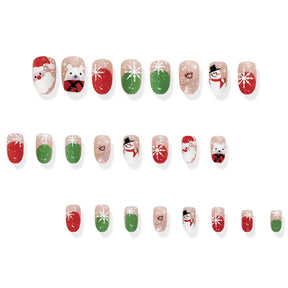 24-Piece Short Oval Red Green French Christmas Cartoon Nail Tips