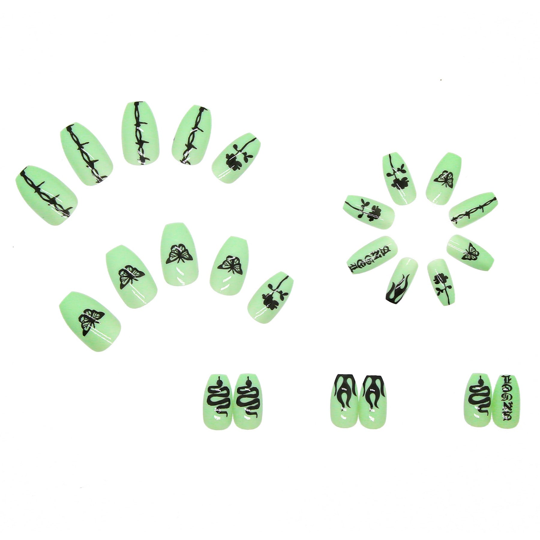 Green Butterfly Long Ballet-Style Nail Tips