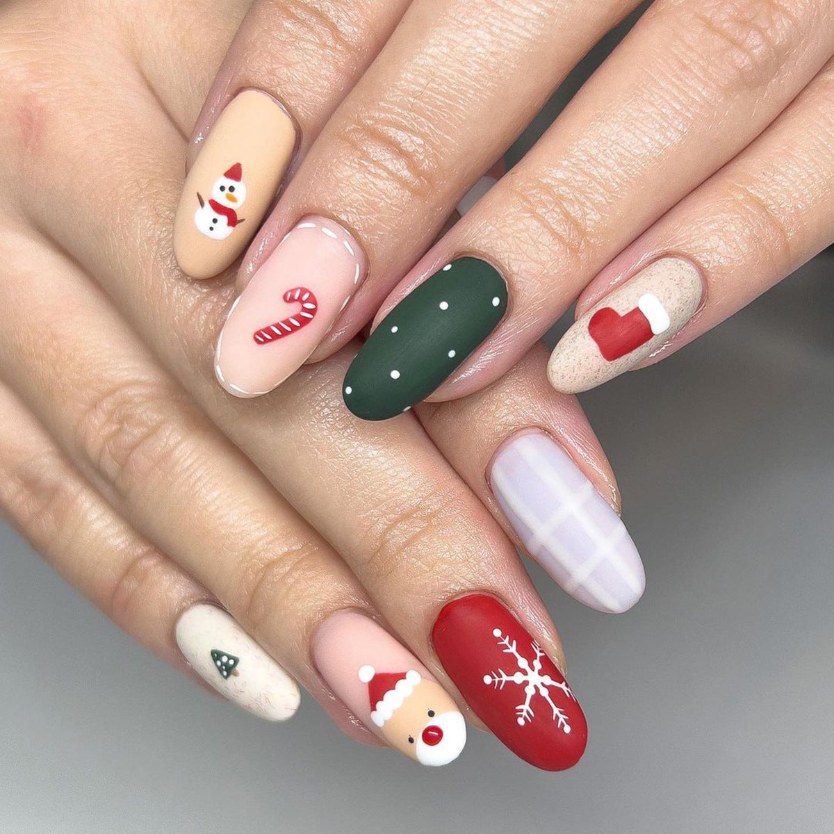 Cute Santa Hat and Reindeer Matte Christmas Nails