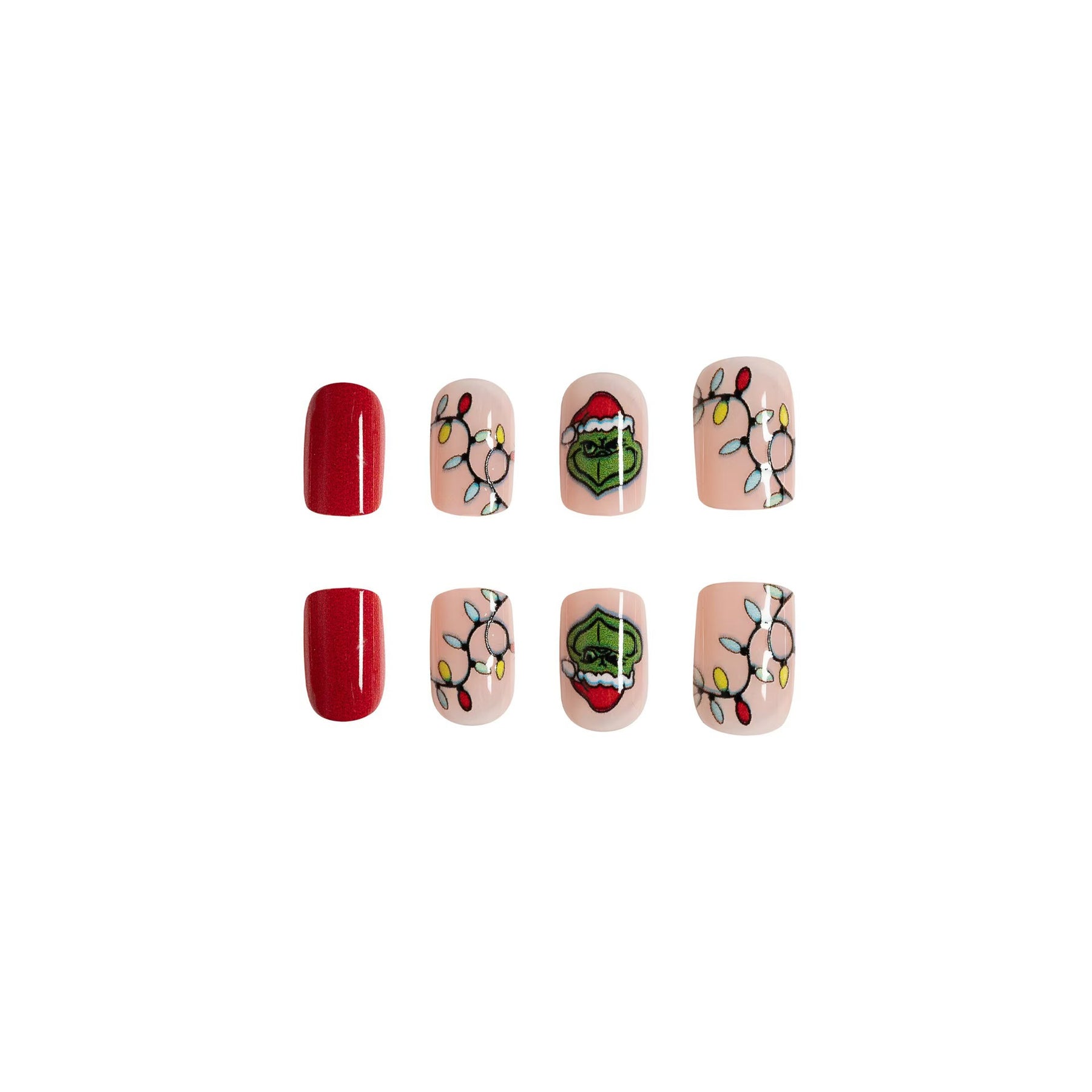 Short Shiny Grinch Christmas Red Hat Green Vines Fall Nails - 24 Pieces