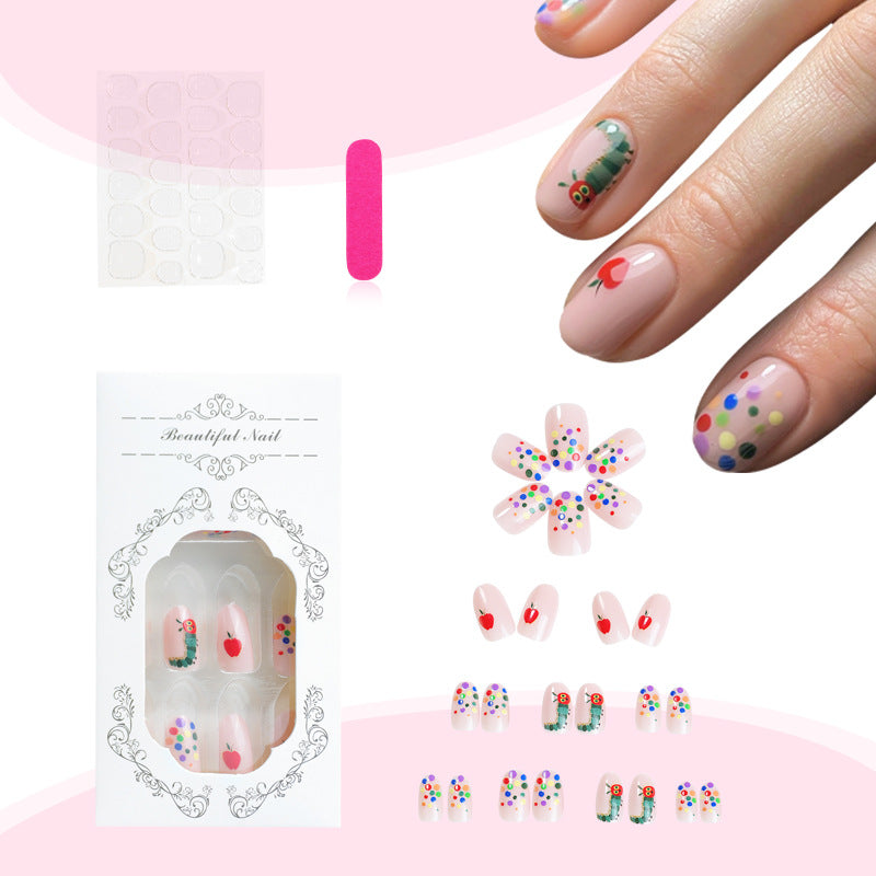 Short Handmade Nails with Painted Caterpillar and Apple